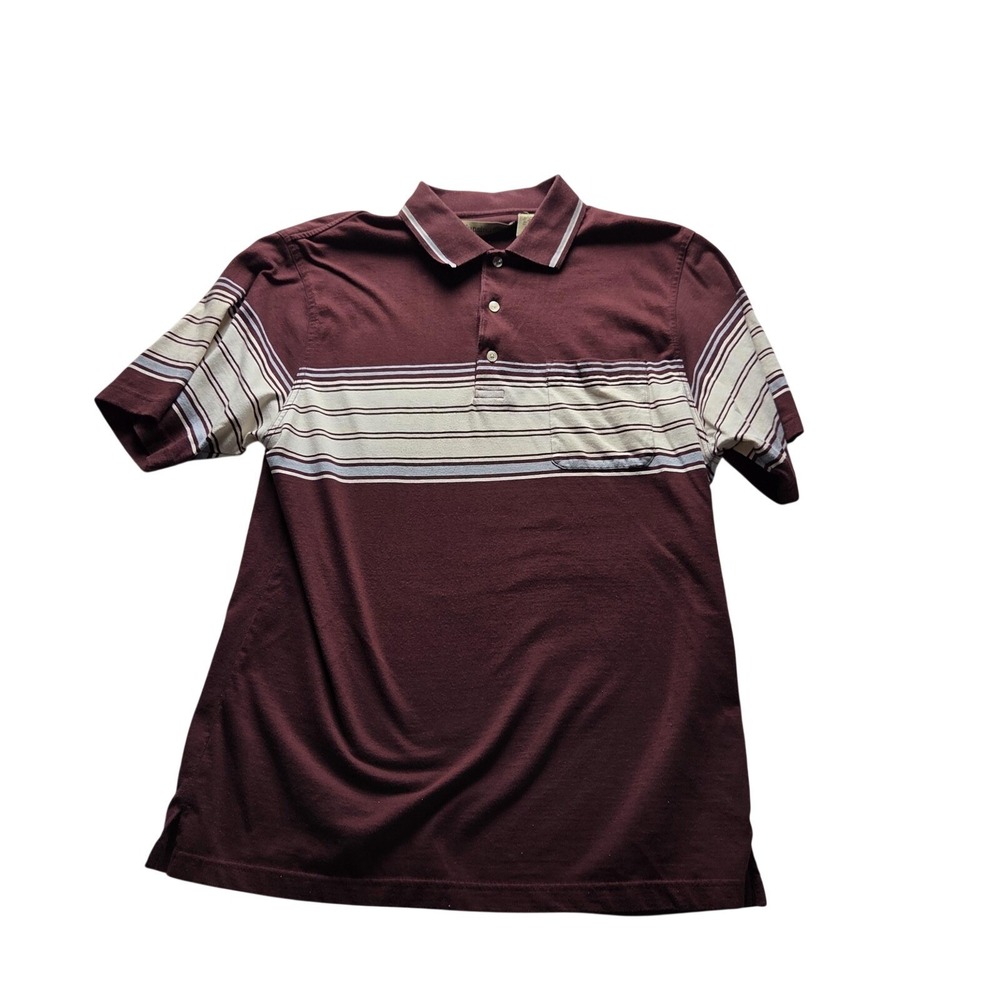 Munsingwear Mens Polo Shirt Large Burgundy Maroon Striped Short Sleeve Pocket
